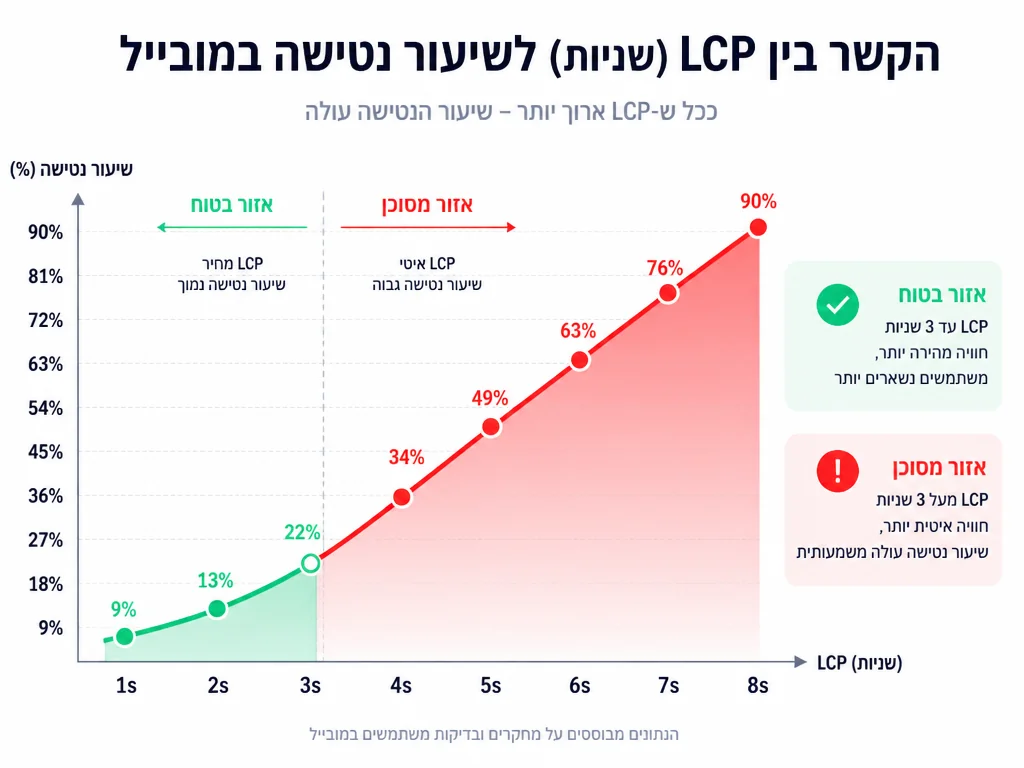 אינפוגרפיקה: מתאם בין LCP מובייל בשניות לבין שיעור הנטישה באתר