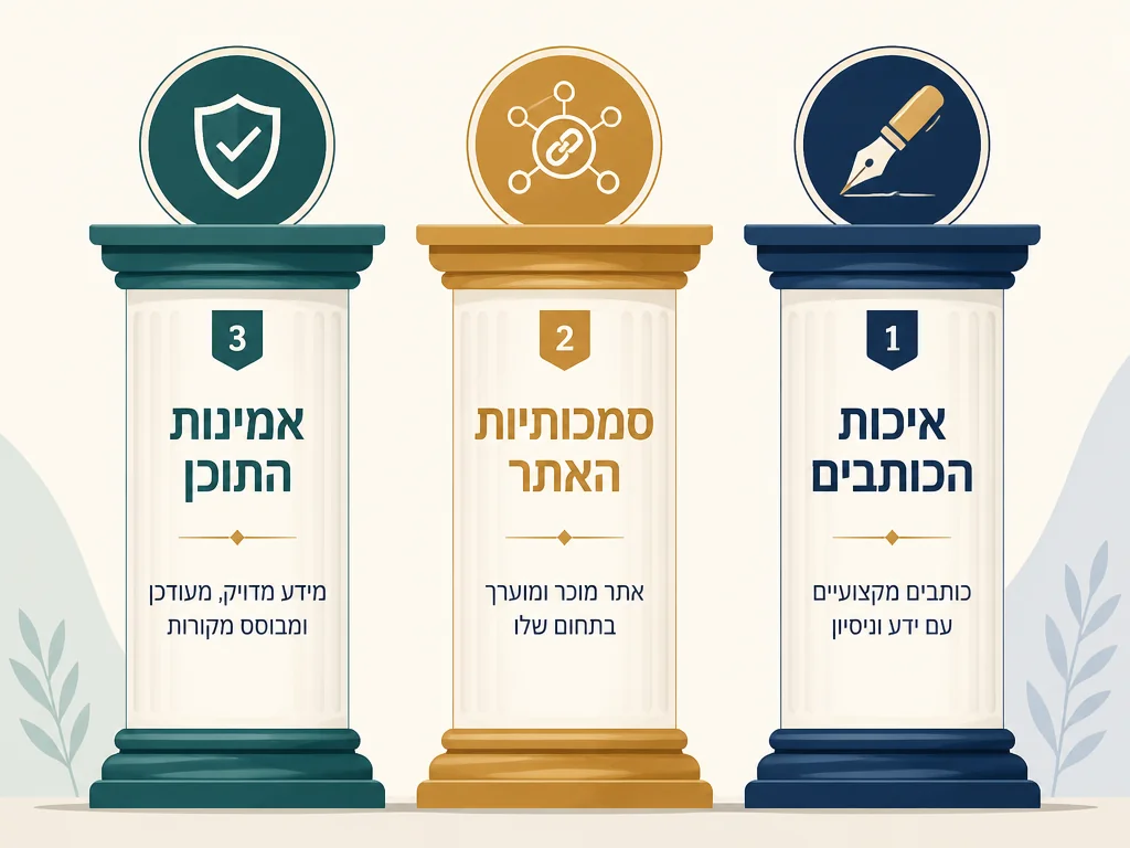 שלוש העמודות המעשיות לבניית E-E-A-T באתר: איכות כותבים, סמכותיות וקישורים, אמינות תוכן