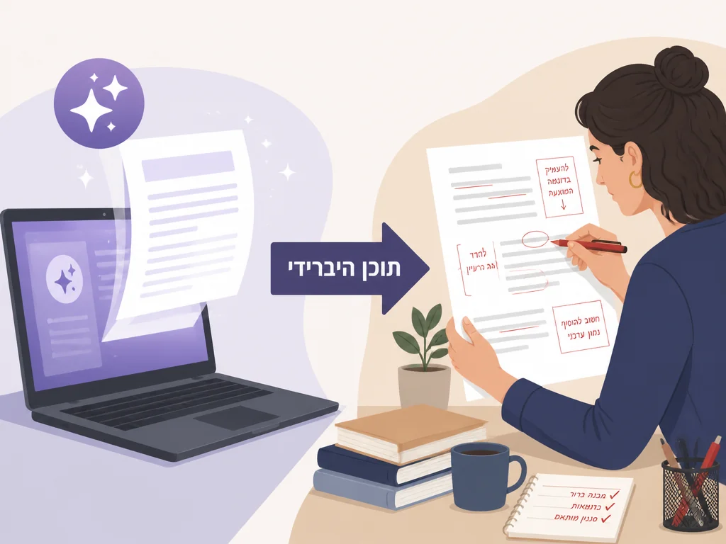תהליך תוכן היברידי: AI כותב טיוטה ועורך אנושי מוסיף ניסיון, מקורות ועריכה