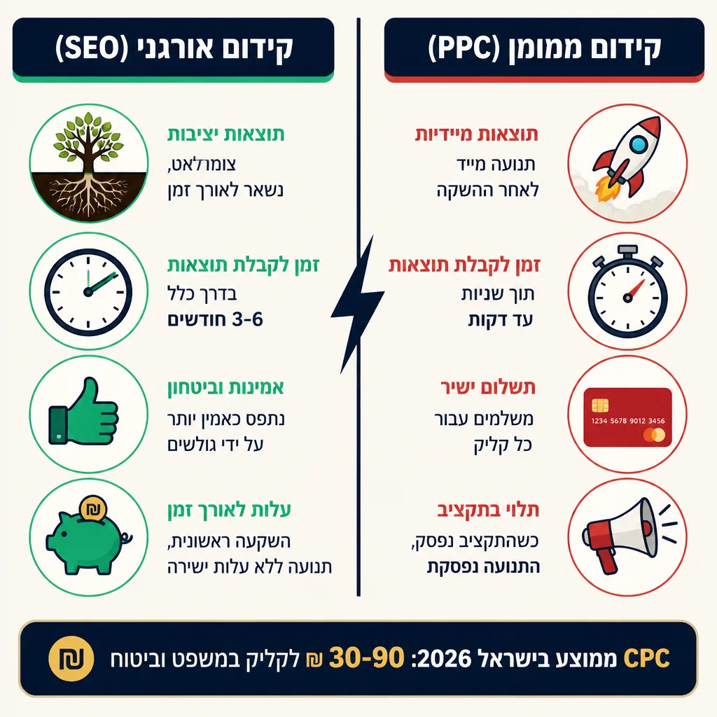 השוואת קידום אורגני וקידום ממומן: עץ צומח מול רקטה, חודשים מול שניות, פיגי-בנק מול כרטיס אשראי