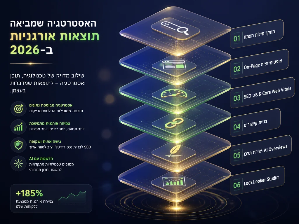 ערימת שירותים של חברת SEO - מחקר מילות מפתח, אופטימיזציה טכנית, בניית קישורים, תוכן ודיווח