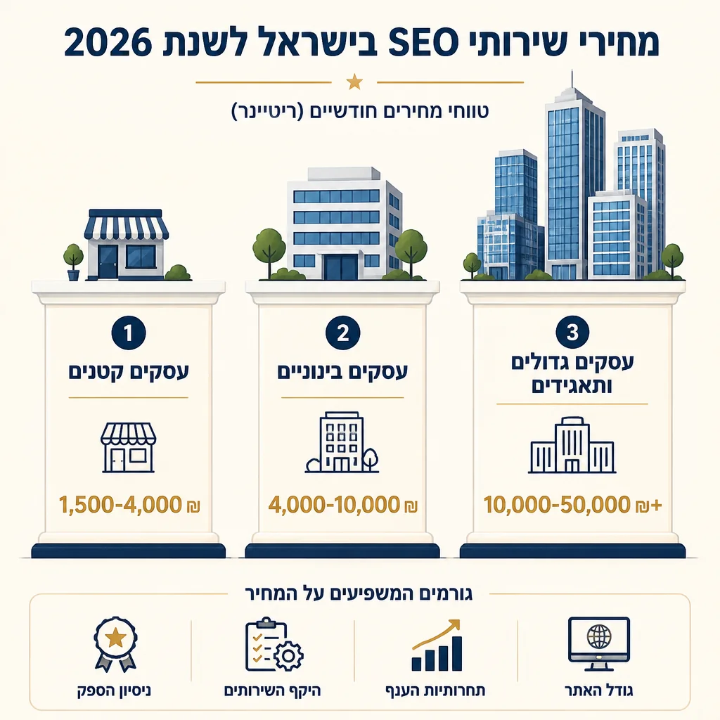 אינפוגרפיקה של טווחי מחירי קידום אתרים חודשיים בישראל 2026 לפי גודל העסק