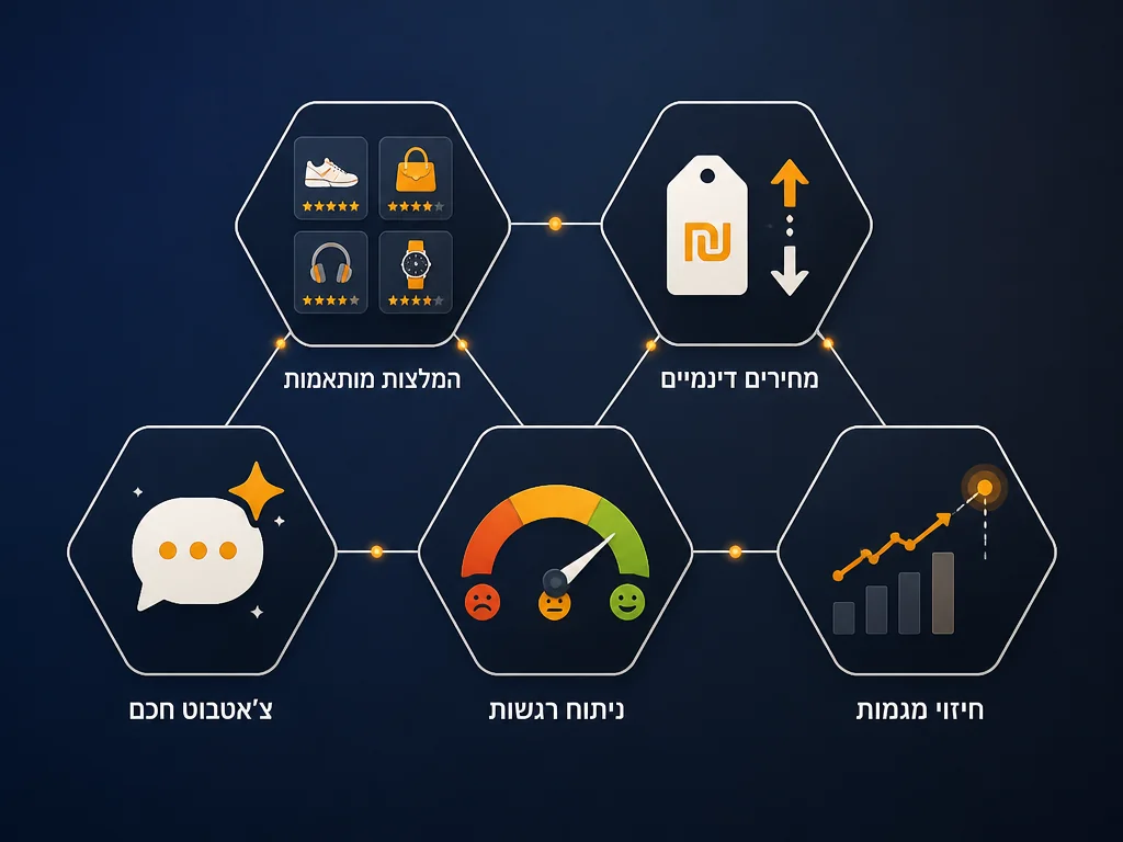 אינפוגרפיקה: 5 יישומים של בינה מלאכותית בקידום חנויות איקומרס , המלצות, תמחור, צ'אטבוט, ניתוח רגשות, חיזוי