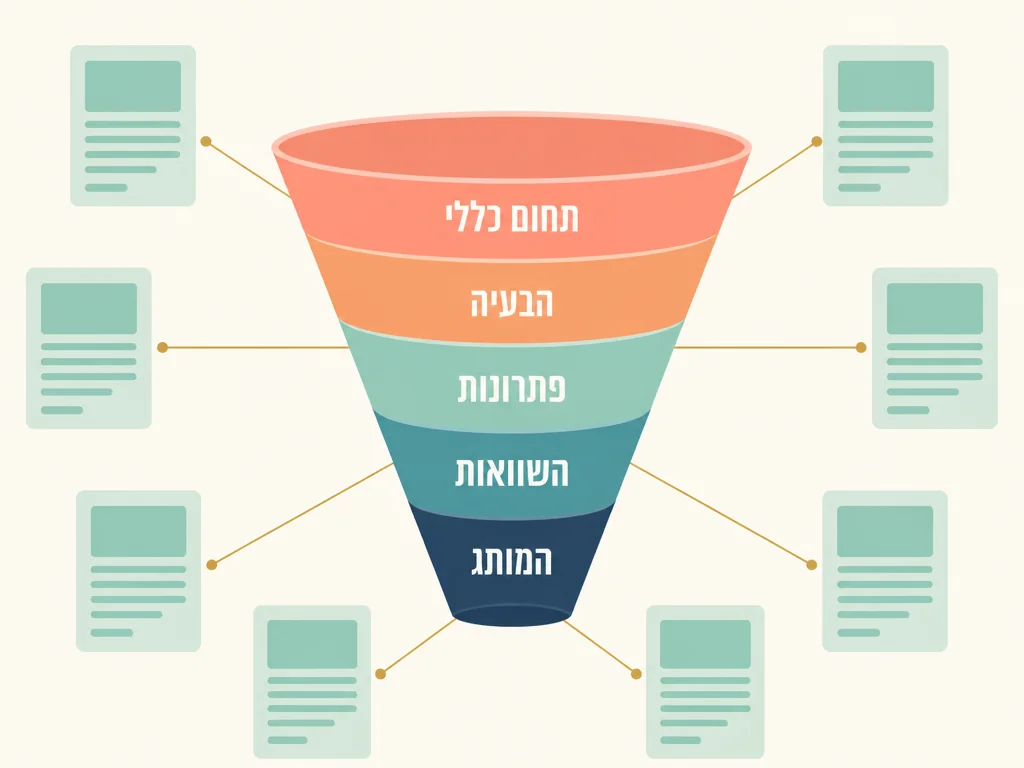 משפך תוכן בחמש שכבות לבניית סמכות נושאית - מהמותג בתחתית עד התחום הכללי בראש המשפך