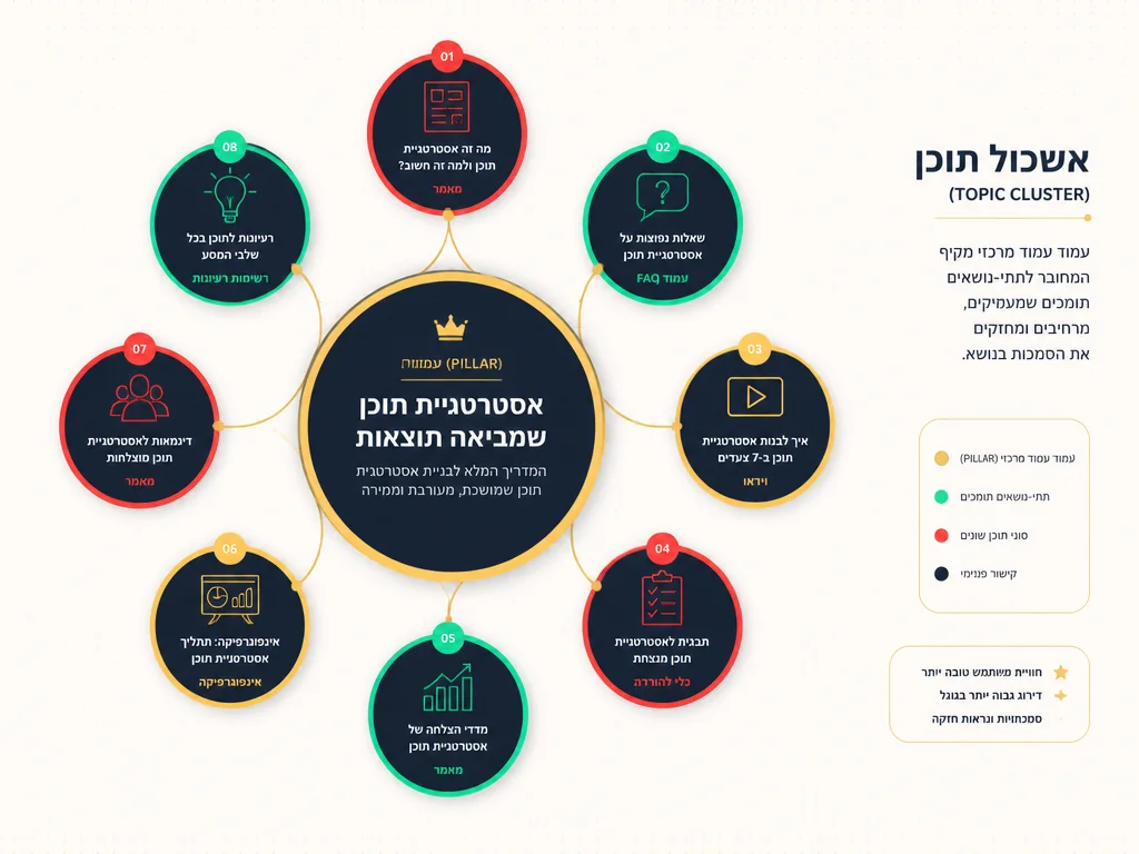 דיאגרמת אשכול נושא: דף עמוד מרכזי מחובר ב-8 דפי משנה תומכים - מבנה pillar-cluster