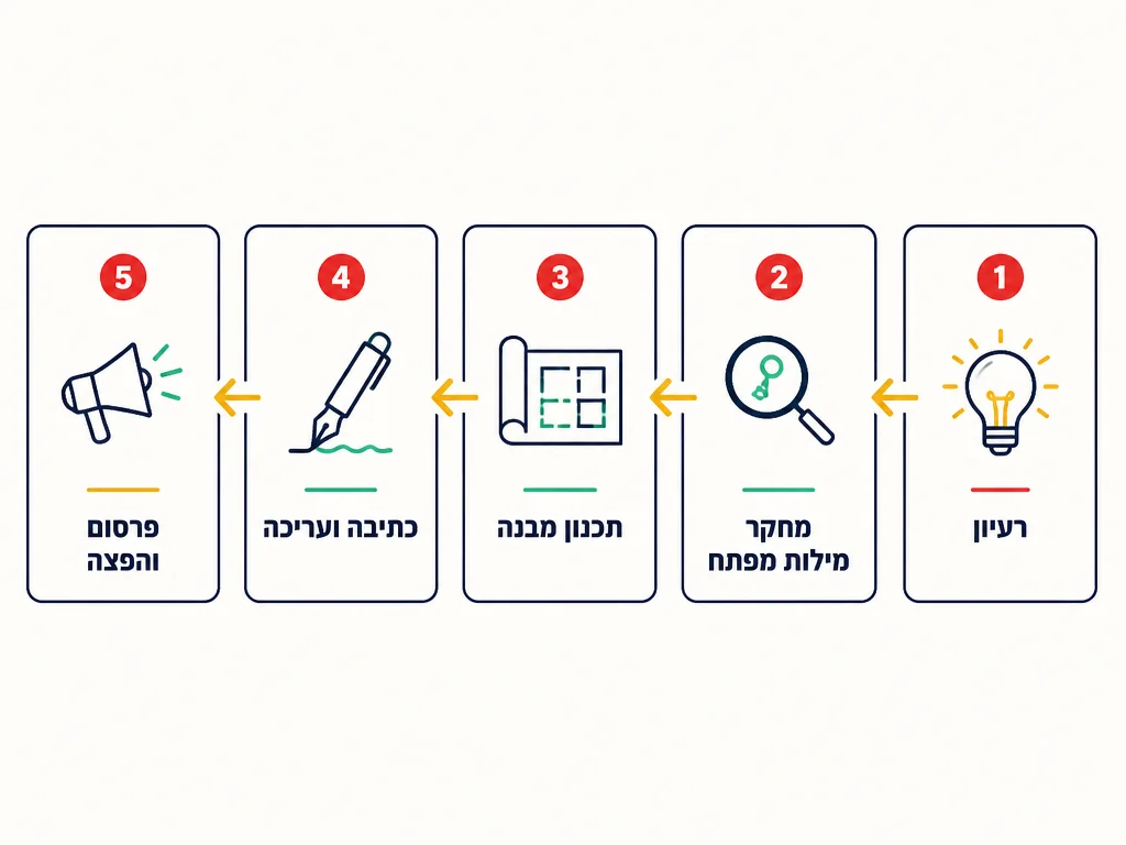 דיאגרמת זרימה: חמישה שלבים מרעיון לפרסום - רעיון, מחקר מילות מפתח, תכנון, כתיבה, הפצה