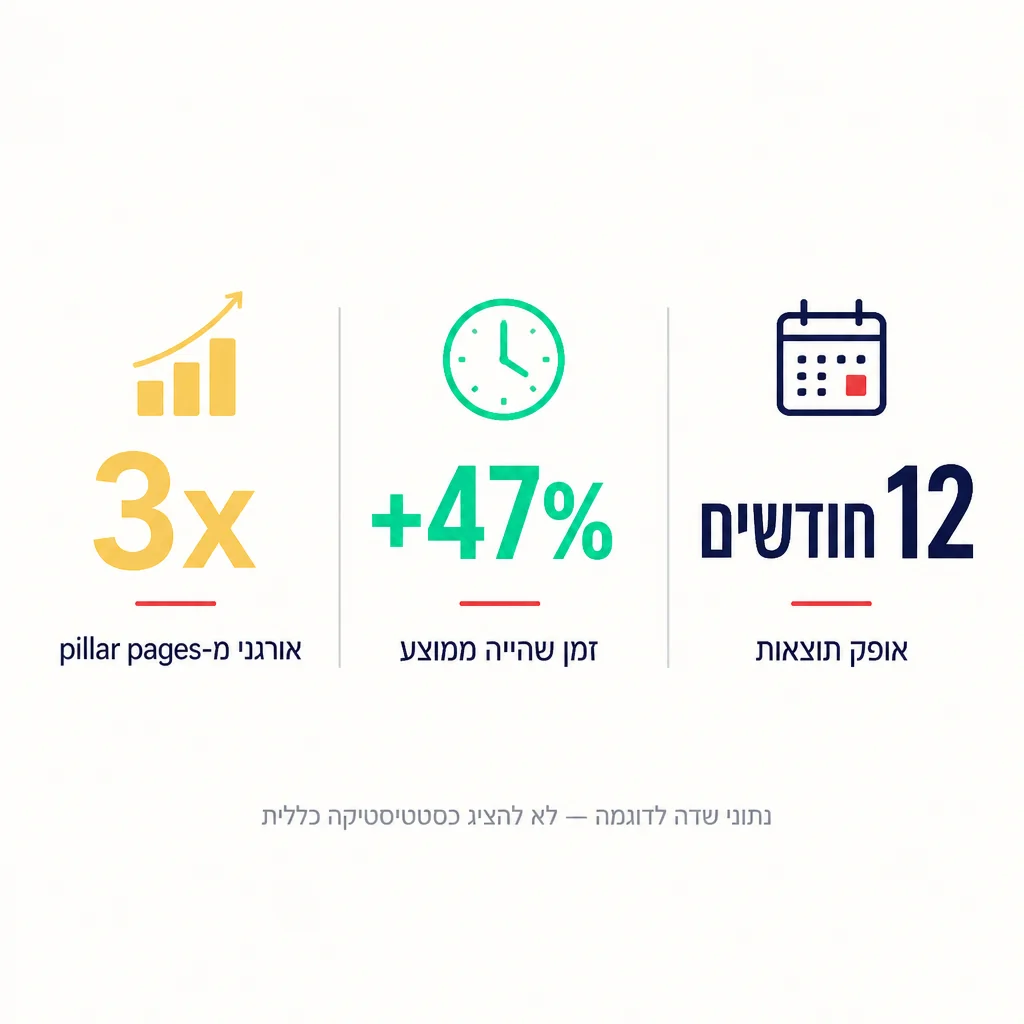 אינפוגרפיקה: 3x אורגני מ-pillar pages, 47% זמן שהייה גבוה יותר, 12 חודשים אופק תוצאות