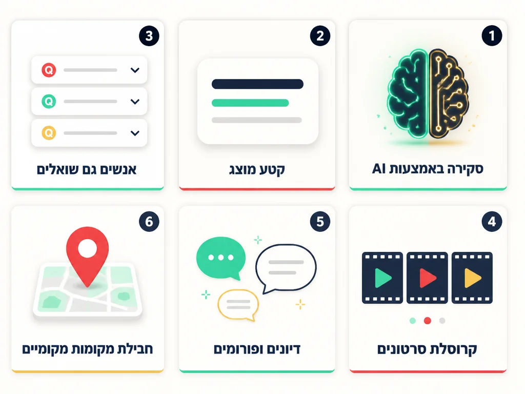 אינפוגרפיקה של שישה פיצ'רי SERP - AI Overview, Featured Snippet, PAA, קרוסלת וידאו, דיונים ופורומים, חבילה מקומית