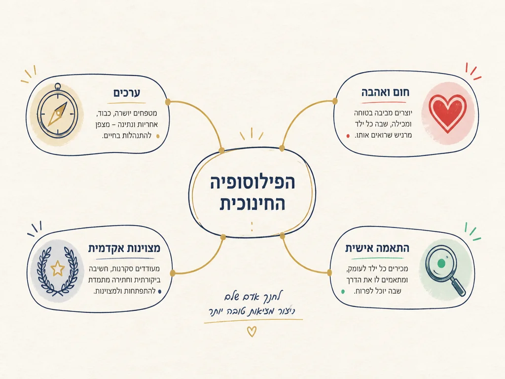 מפת חשיבה: ארבעה ערכי ליבה של בית ספר - חום, יחס אישי, ערכים ומצוינות אקדמית