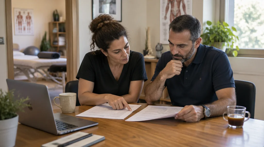 שני שותפים בקליניקה לפיזיותרפיה משווים בין שתי הצעות מחיר מודפסות
